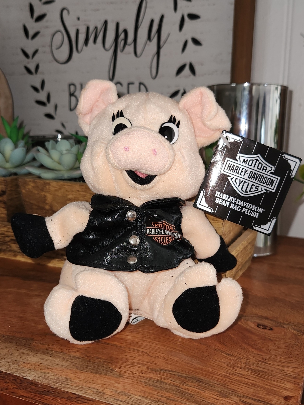 Harley-Davidson Plush Pig Toy in Cream with Black Vest